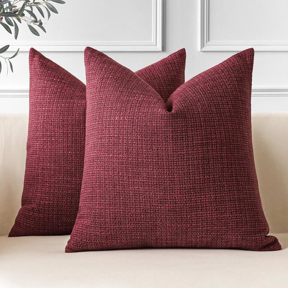JOTOM 2er Set Leinen Kissenbezüge, Dekorative Weich Einfarbig Wurf Kissenbezug Moderne Kissenhüllen Sofakissen Dekokissen Zierkissenbezug für Wohnzimmer Schlafzimmer Deko (45x45cm, Weinrot)