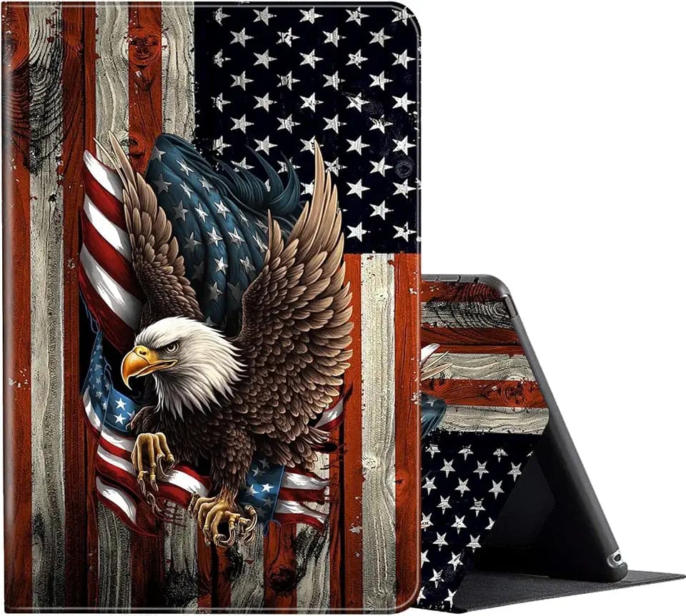 for iPad 10.2 Case (2021/2020/2019) 7th/8th/9th Generation ipad Case,Adjustable Non-Slip Folio Stand Smart Cover for New iPad 9/8/7 Gen 10.2 inch-Bald Eagle with American Flag