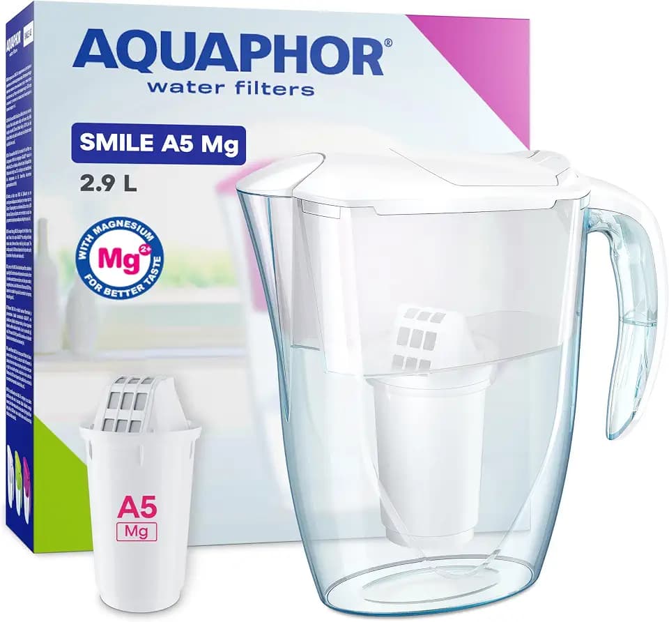 AQUAPHOR A5 Smile Wasserfilter Kanne inkl. 1 Magnesium Filter, 2,9 L, Weiß