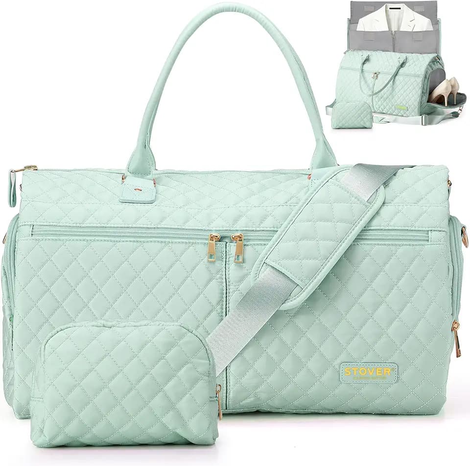 STOVER Women’s Convertible Garment Duffel Bag for Travel – 2-in-1 Carry-On Weekender/Overnight Tote - Wrinkle-Free Dresses, Suits & Clothes + Shoe Compartment & Bonus Toiletry Bag (Coastal Mint)