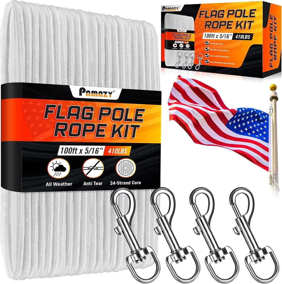 5/16” 100Ft Flagpole Rope Kit+4Pcs Swivel Hook Flagpole Halyard Replacement