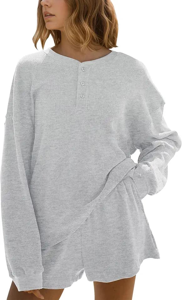 MSBESYOR Womens Waffle Knit Lounge Sets, 2 Piece Oversized Long Sleeve Sweatshirt and High Waisted Shorts Fall Matching Set
