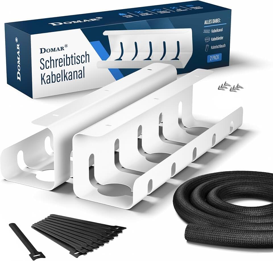 Domar - Kabelkanal Schreibtisch weiß [2 Stück] I Kabelmanagement Schreibtisch Komplettset I Schreibtisch Kabelrinnen inkl. Zubehör I Kabelschacht Kabelwanne