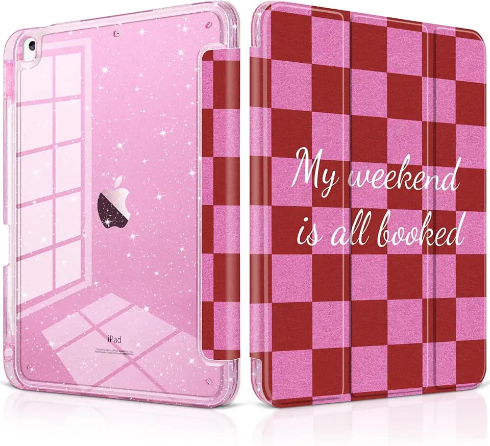 DONGKE for iPad Case 9th/8th/7th Generation 10.2 Inch (2021/2020/2019), Shockproof Glitter Acrylic Back with Trifold Stand, Pencil Holder & Auto Sleep/Wake - Red Checkerboard