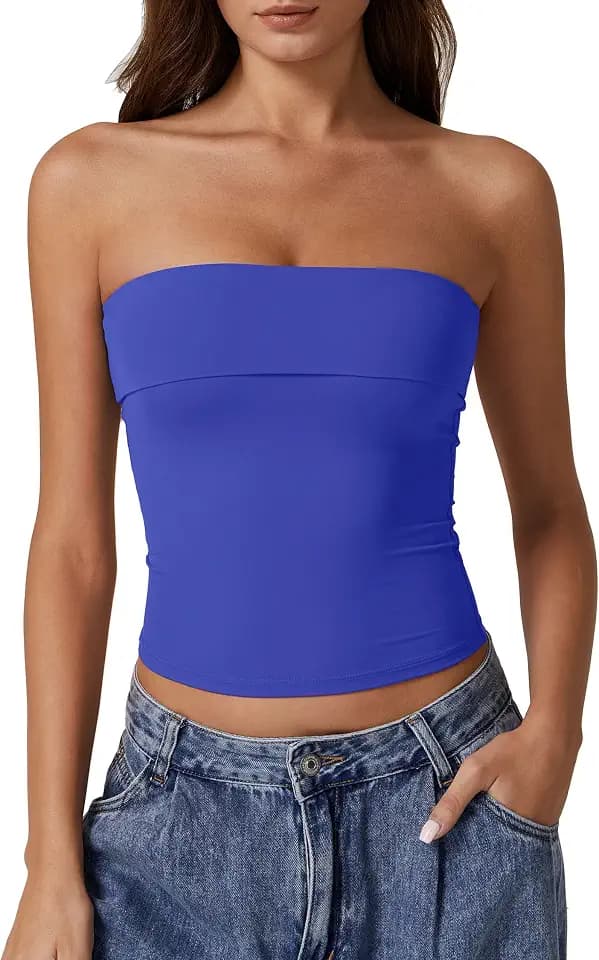 QINSEN Women's Tube Tops Strapless Bandeau Tops Double Lined Slim Fit Summer Going Out Tank Tops