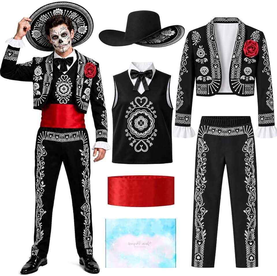 Mariachi Kostüm Herren, Geister Mexikaner Outfit mit Sombrero für Halloween