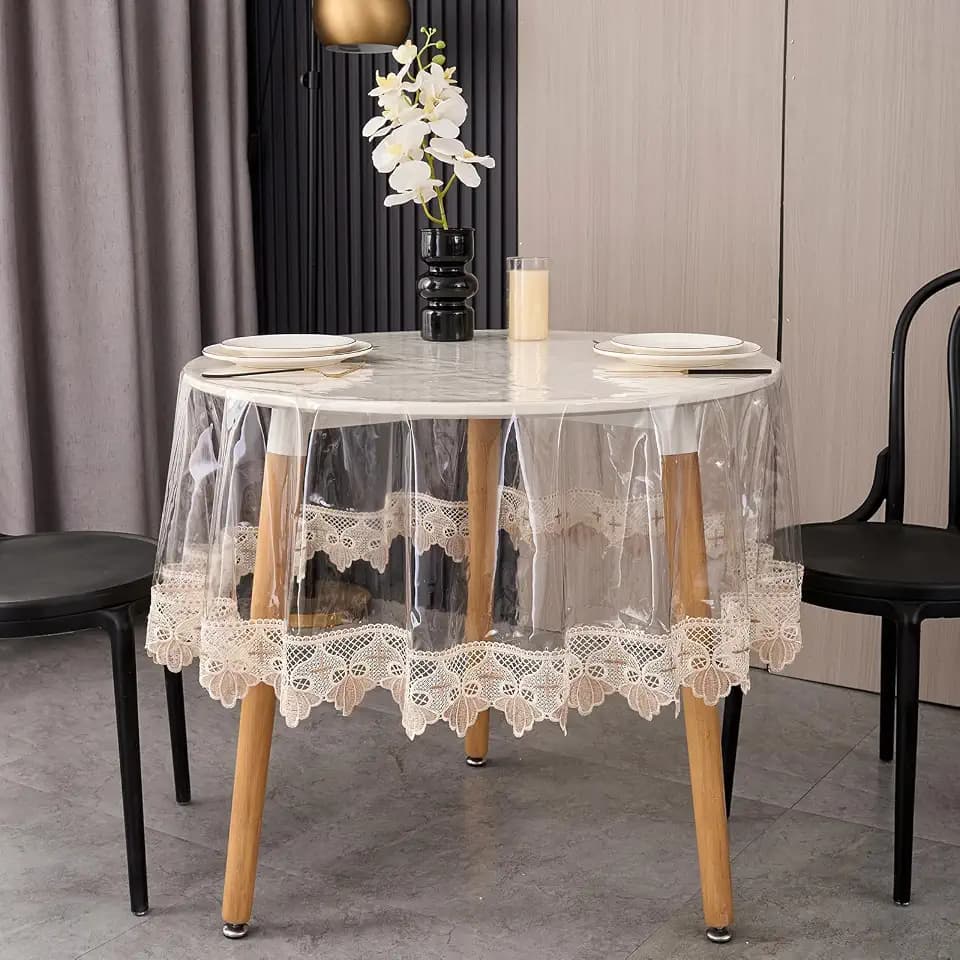 LIBERECOO Clear Tablecloth Protector, 0.15mm Heavy Duty Waterproof Vinyl Table Cover with Elegant Lace Trim, Crystal Clear Oilproof Wipeable Reusable 48 Inch Round Tablecloths for Dining Table