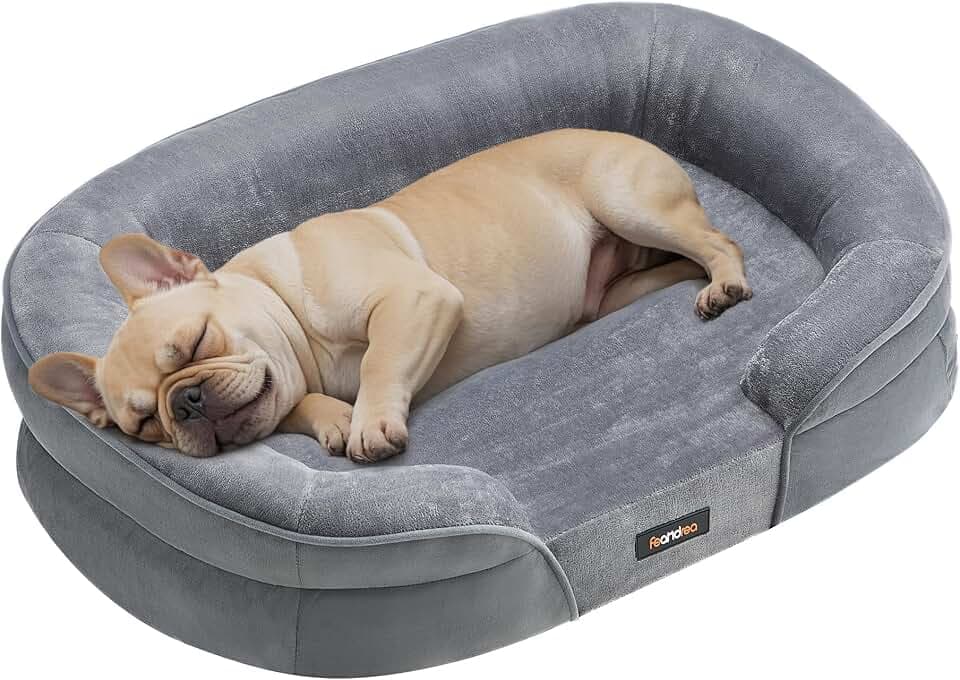 Feandrea Hundebett, orthopädisch, für mittelgroße Hunde, 76 x 51 x 18 cm | Hundekissen, wasserdichte Innenschicht, erhöhte Ränder, abnehmbarer, waschbarer Bezug, rutschfest, hellgrau PGW281G01