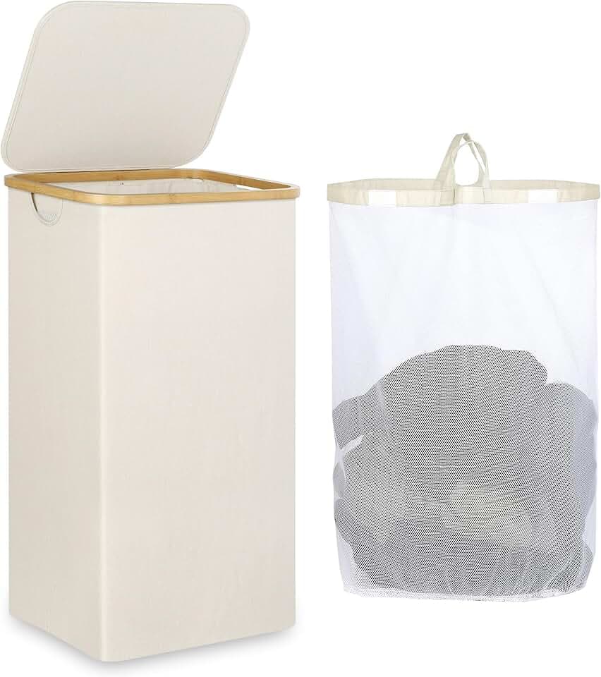 IEGrow Laundry Hamper with Lid,110L Laundry Basket with Mesh Bags,Beige