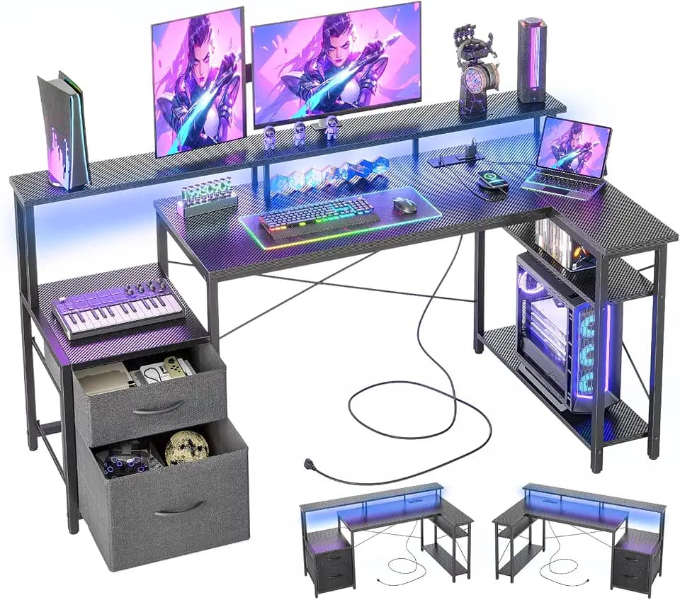 BEXEVUE L-förmiger Schreibtisch mit Steckdosen LED, 150 cm Moderner Eckschreibtisch 2 Schubladen, Umkehrbare Ablagen, Großer Monitorständer, Corner Gaming Tisch, Studium Arbeit Zuhause Schlafzimmer