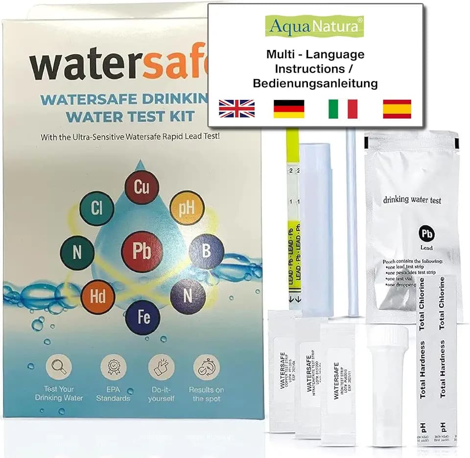Trinkwasser Wassertest (9 versch. Tests in 1) Bakterien, Blei, Chlor, pH, Härte, Nitrite, Nitrate, Eisen und Kupfer