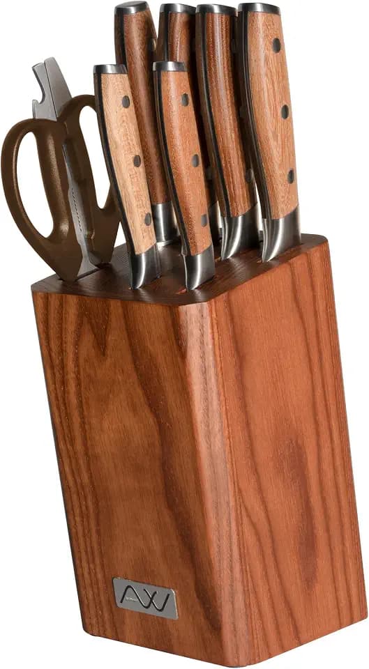Rockingham Forge Ashwood 8-teiliges Küchenmesser-Set aus Holz mit Schleifgerät und Schere – Professionelle, ultrascharfe Klingen aus deutschem Edelstahl – Langlebiger Vollerl-Griff aus Naturholz