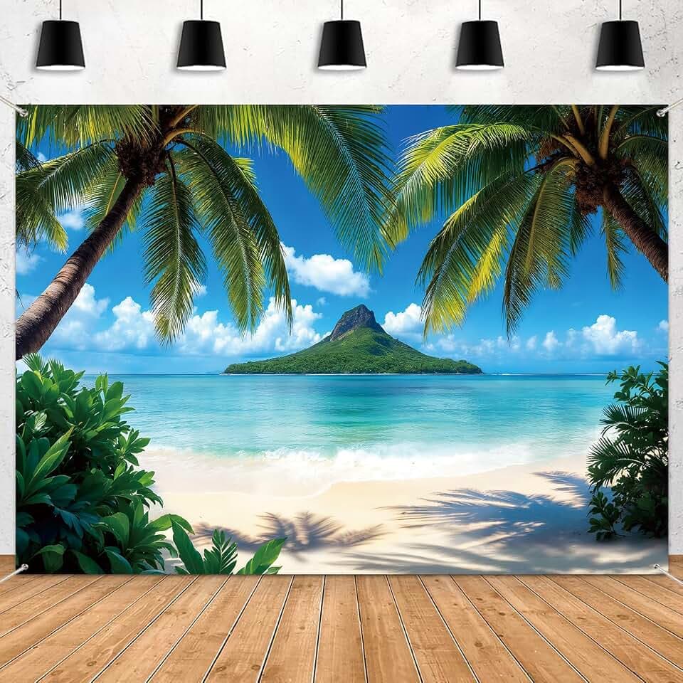 Summer Beach Backdrop Decoration Hawaiian Ocean Background Photo Banner Tropical Ocean Blue Sky Seaside Party Decor Palm Trees Luau Birthday Banner 7x5ft
