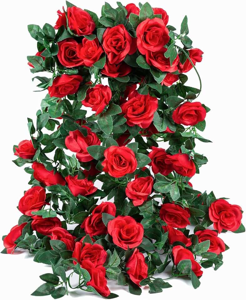 4 Pack (32FT) Artificial Rose Vine Fake Flowers Garland (Red)