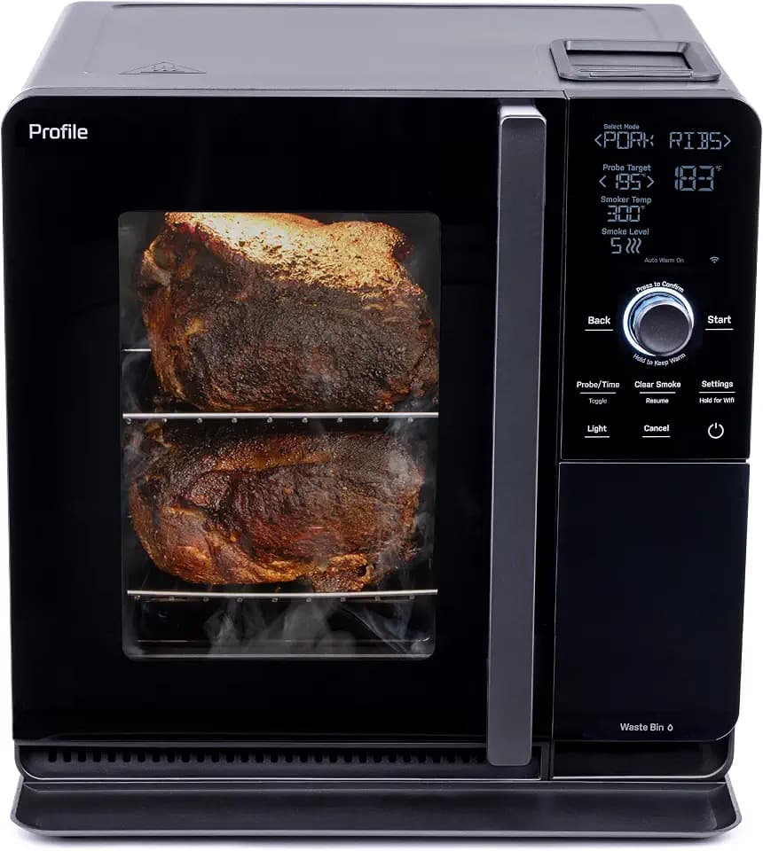 GE Profile™ Smart Indoor Pellet Smoker, with Active Smoke Filtration, 5 Smoke Control Settings, WiFi Connected, Electric, Countertop BBQ Appliance, Black