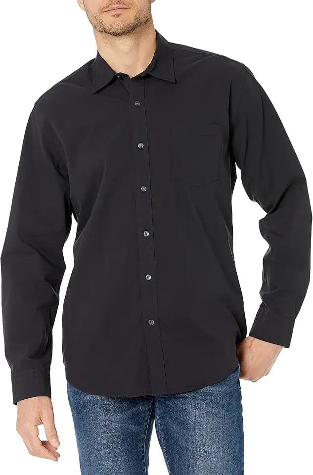 Amazon Essentials Herren Langärmeliges Casual Popeline Hemd, Schwarz, XXL