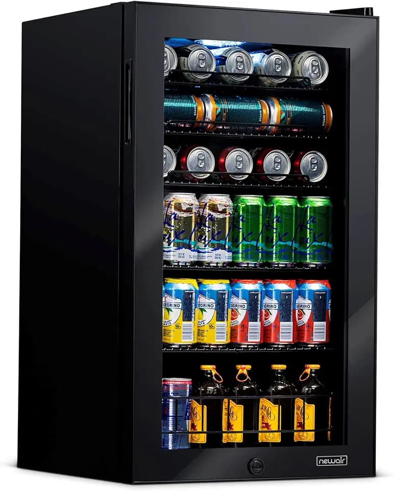 NewAir 126 Can Beverage Refrigerator | Freestanding Small Mini Fridge for Bedroom with Glass Door | Drink Cooler with Adjustable Shelves, Quiet Cooling & Locking Door | Black