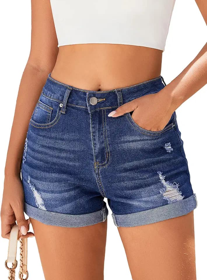 Bosmeer Women's Mid-High Rise Ripped Denim Shorts Stretchy Distressed Jean Shorts with Pockets Folded Hem Casual Summer Jorts