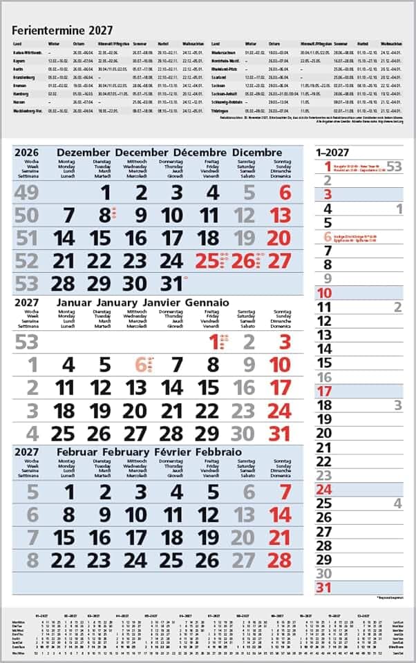 3-Monats-Planer Combi Blau 2027: 3-Monatskalender groß I Wandplaner / Bürokalender mit Datumsschieber, Ferienterminen, Vor-und Nachmonat und Jahresübersicht I extra Streifenplaner I 30 x 47,8 cm