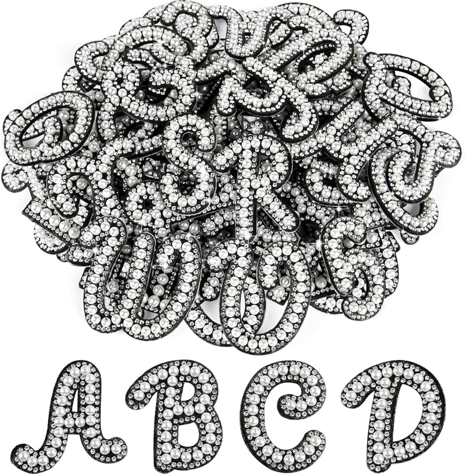 ASTARON 52 Pcs Self Adhesive Letter Patches Pearl Rhinestone Letter Stickers, Glitter Rhinestones Letters A-Z Embroidered Applique Patches Alphabet Cloth Patch for Clothes, Bags, Hat, Phone Case, DIY