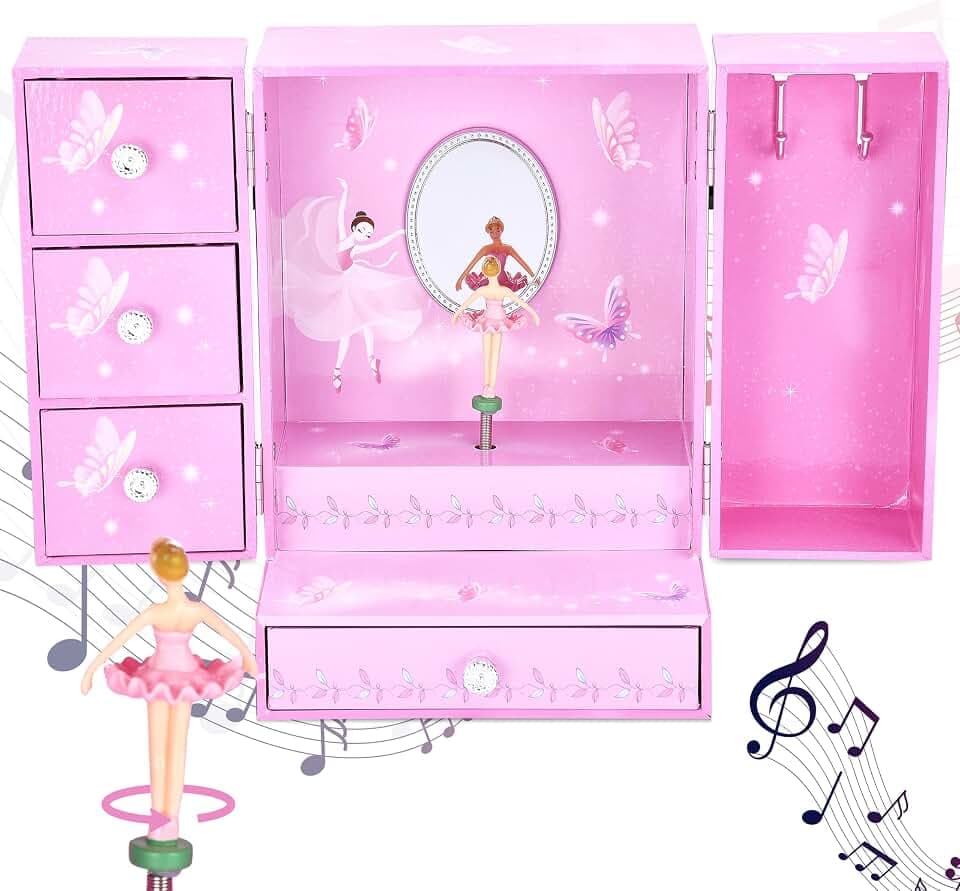 Jewelkeeper Large Jewelry Organizer Box - Musical Spinning Figure - Two-Door Accessories Organizer with 4 Drawers, 2 Hooks - Wood Storage for Rings, Necklaces, Earrings - Pink - 8.3"x6"x4.7"