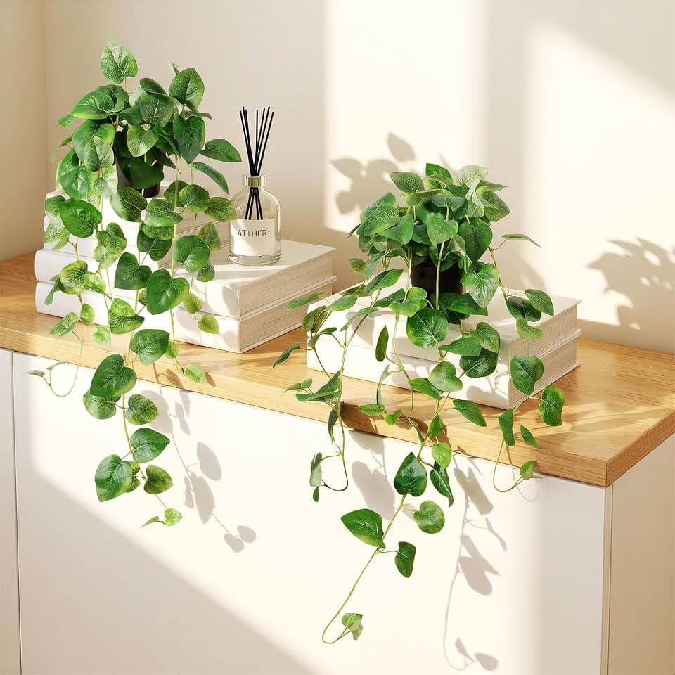 Fake Pothos Hanging Plant - Set of 2 Artificial Plants Indoor with Pots, Silk Faux Greenery Ivy for Outdoor, Fake Potted Plants for Wall Farmhouse Room Decor, Green 33In