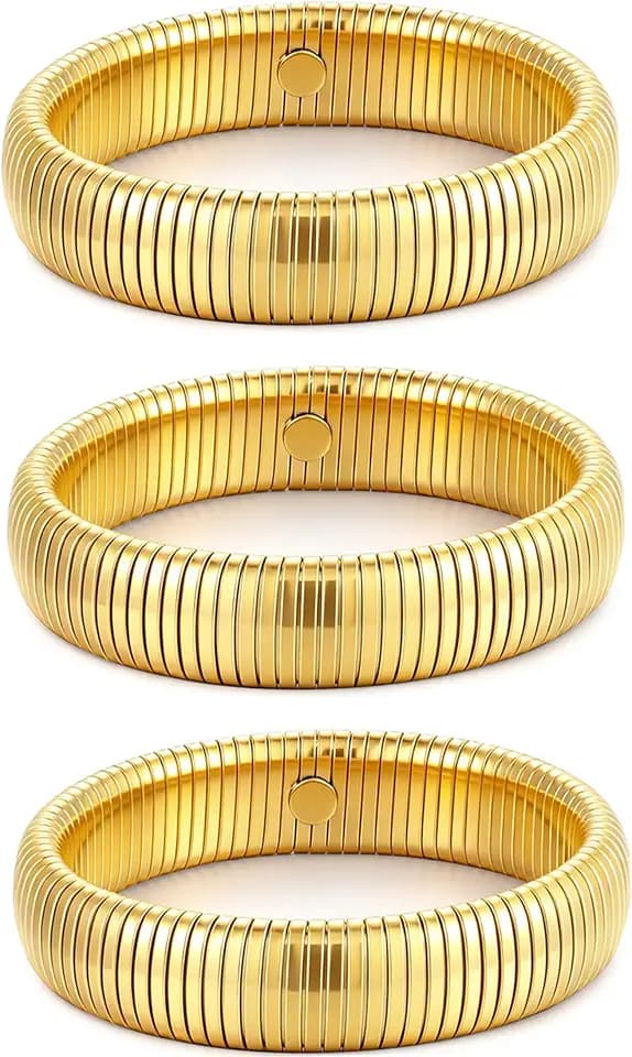 Gold Bangles for Women Set of 3 Chunky Stretch Bangles Bracelets 24K Gold Plated Stainless Steel Bracelets Flexible Wide Stack Bracelets Designer Look Alike Jewelry for Women