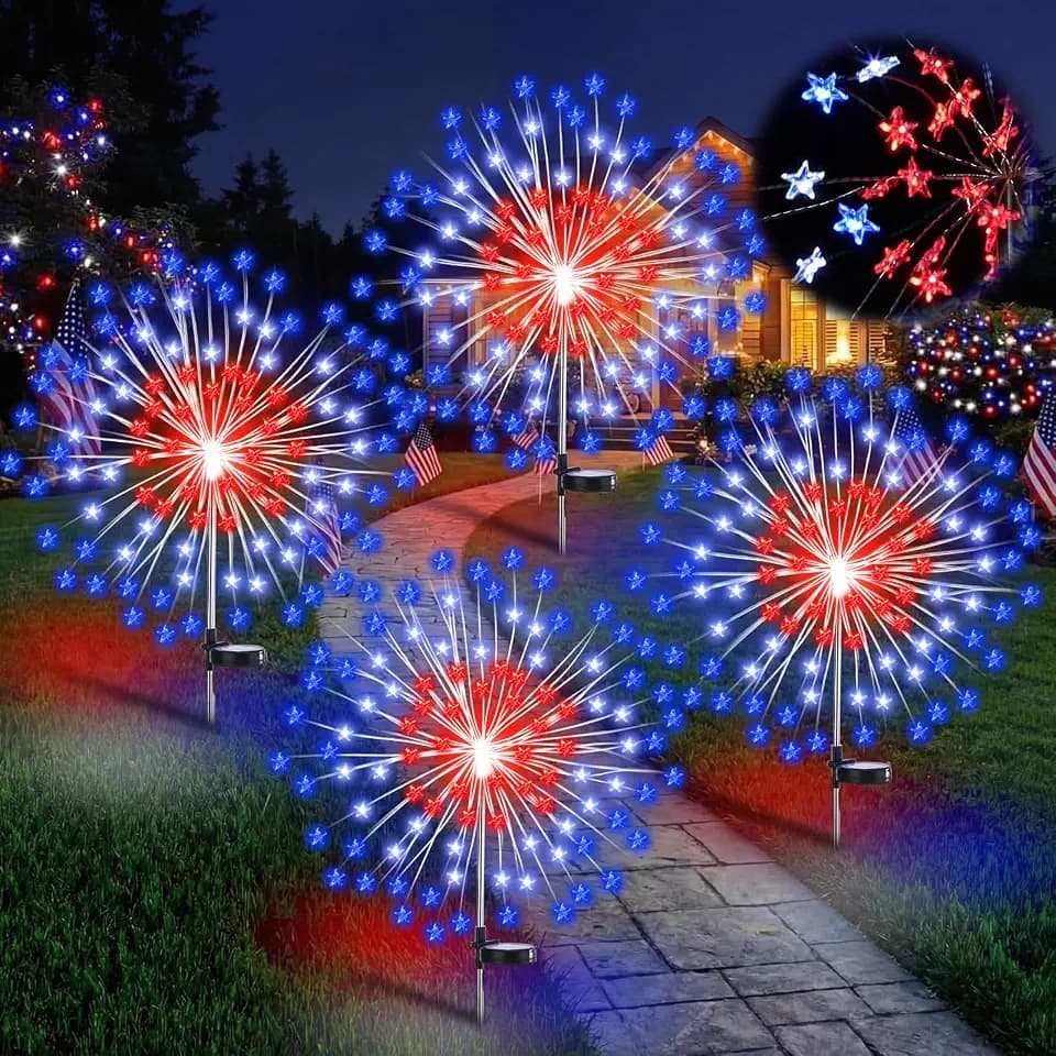 Tujoe 4 Pcs Patriotic Solar Firework Lights Waterproof Patriotic Solar Light Stake with 90 LED 8 Modes Red White Blue Star Firework Lamp Decoration for Veteran Day Memorial Day Garden Pathway