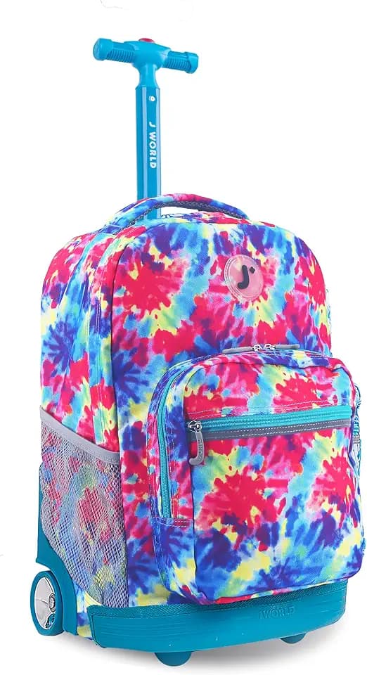 J World Sunrise Kids Rolling Backpack with Wheels for Girls Boys, Roller Bookbag for School, 18 x 13 x 9 Inches, Tie Dye