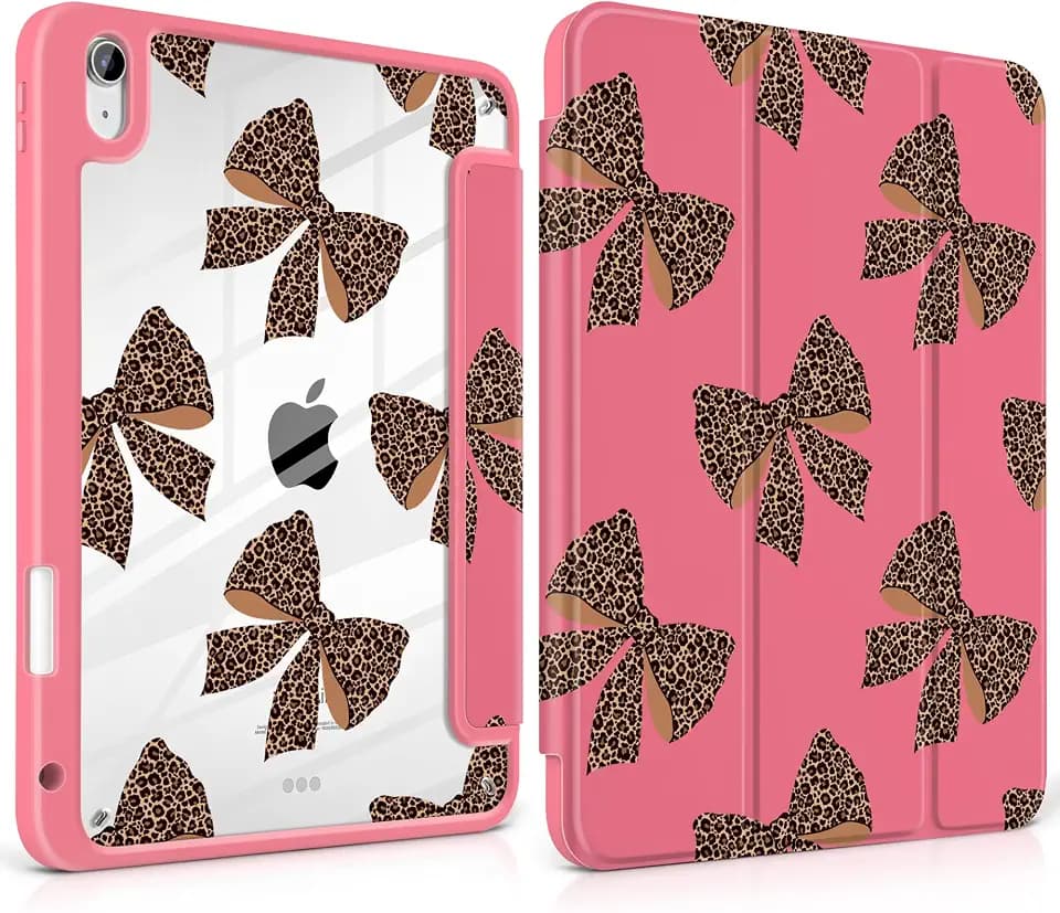 MEEgoodo Case for iPad Air 11 inch M4 2026/M3 2025/M2 2024, for iPad Air 5th/4th Generation Case 10.9 inch 2022/2020, Tablet Cover with Acrylic Transparent Back Shell, Leopard Print Bows