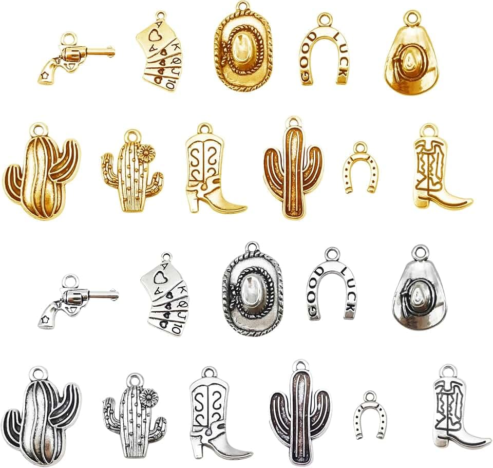 Julie Wang 100 Grams Alloy Western Cowboy Cowgirl Charms Antique Silver Gold Color Boot Hat Pendants for Necklace Earrings Bracelet Jewelry Making Women Gifts Craft DIY Findings