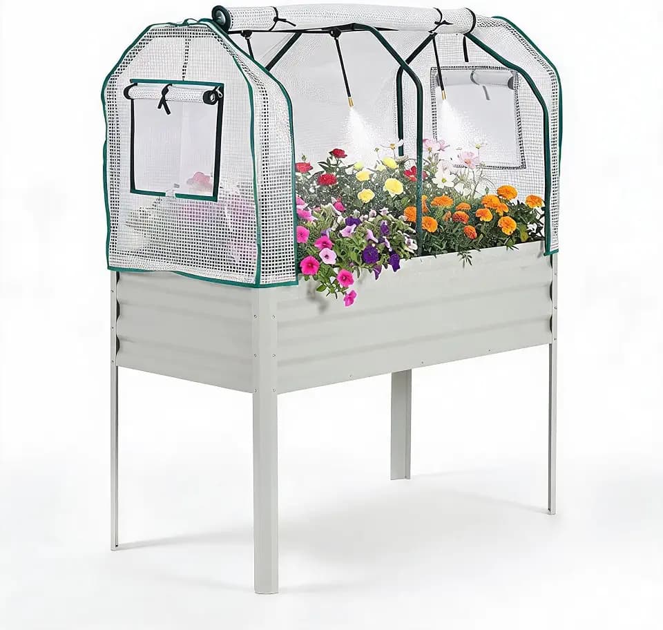 48×24×55in Large Metal Raised Garden Bed with Legs and Cover, Galvanized Oval Raised Bed Planter with Leg for Vegetables and Flowers, Build-in Spray Tube Effortless Watering