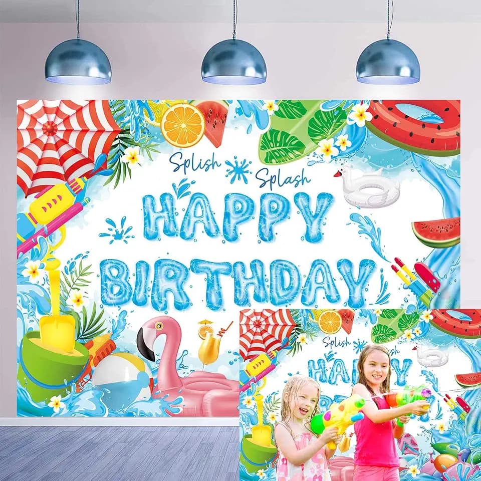 Pool Party Happy Birthday Banner Backdrop 8x6FT Splish Splash Summer Birthday Party Decorations Background Tropical Swimming Hawaiian Theme Party Decor Supplies