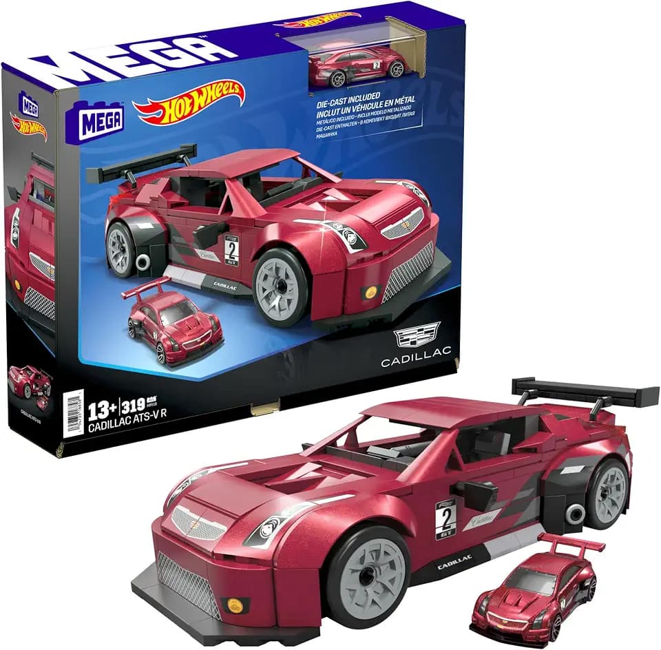 MEGA Hot Wheels Zusammenbaubares Autospielzeug zum Sammeln, Cadillac ATS-V R mit 319 Teilen und Die-Cast-Modell, Set für Sammler zum Zusammenbauen und Präsentieren, rot, HRY18