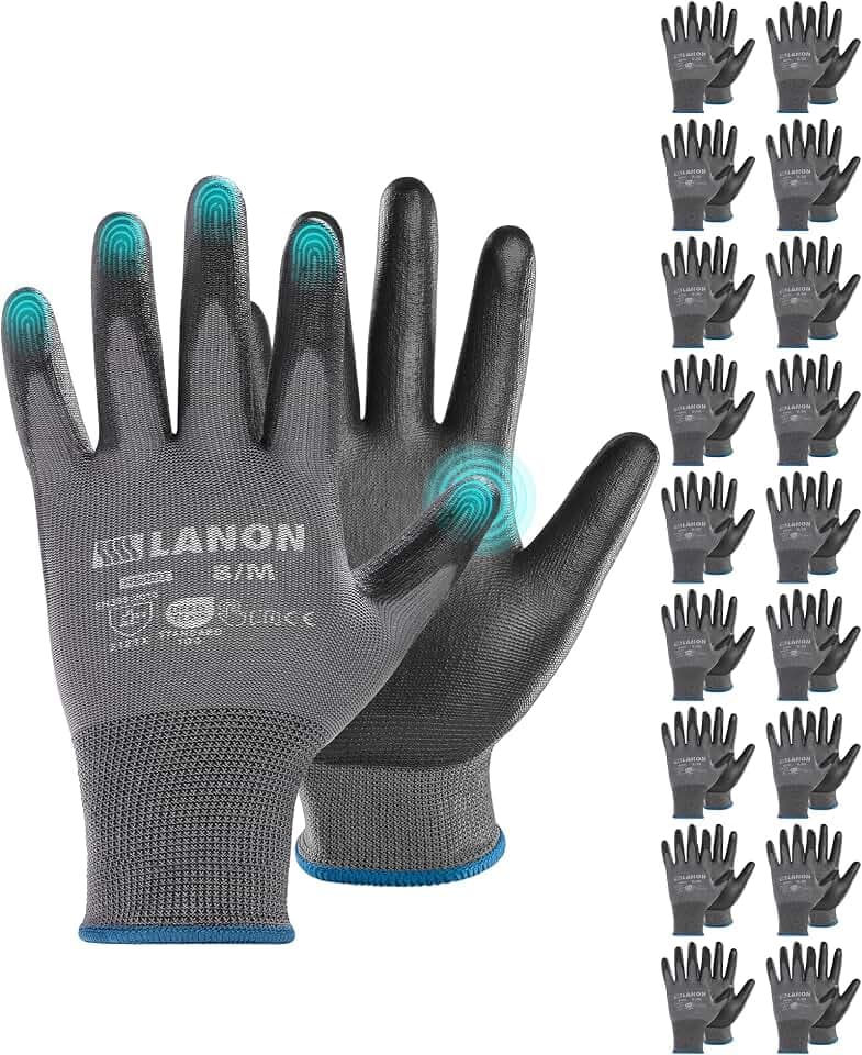LANON 18 Paar PU Arbeitshandschuhe, Touchscreen Arbeitshandschuhe für Herren Damen, Leicht, Mechaniker, Bauarbeiten, Grau, Gr 9/L