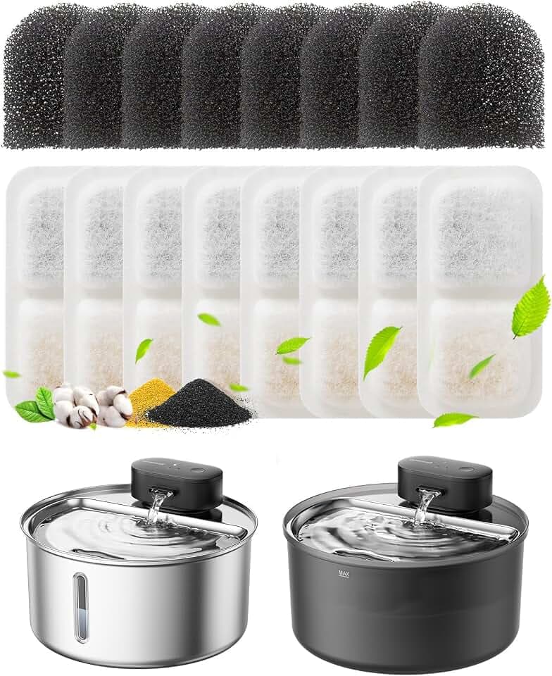 oneisall 8 Packung Ersatzfilter für PW14 Katzenbrunnen Kabello, 3,2L Edelstahl Trinkbrunnen für Katze Kabellos, 3X Aktivkohlefilter Wasserbrunnen Ersatzfilter für Katzen