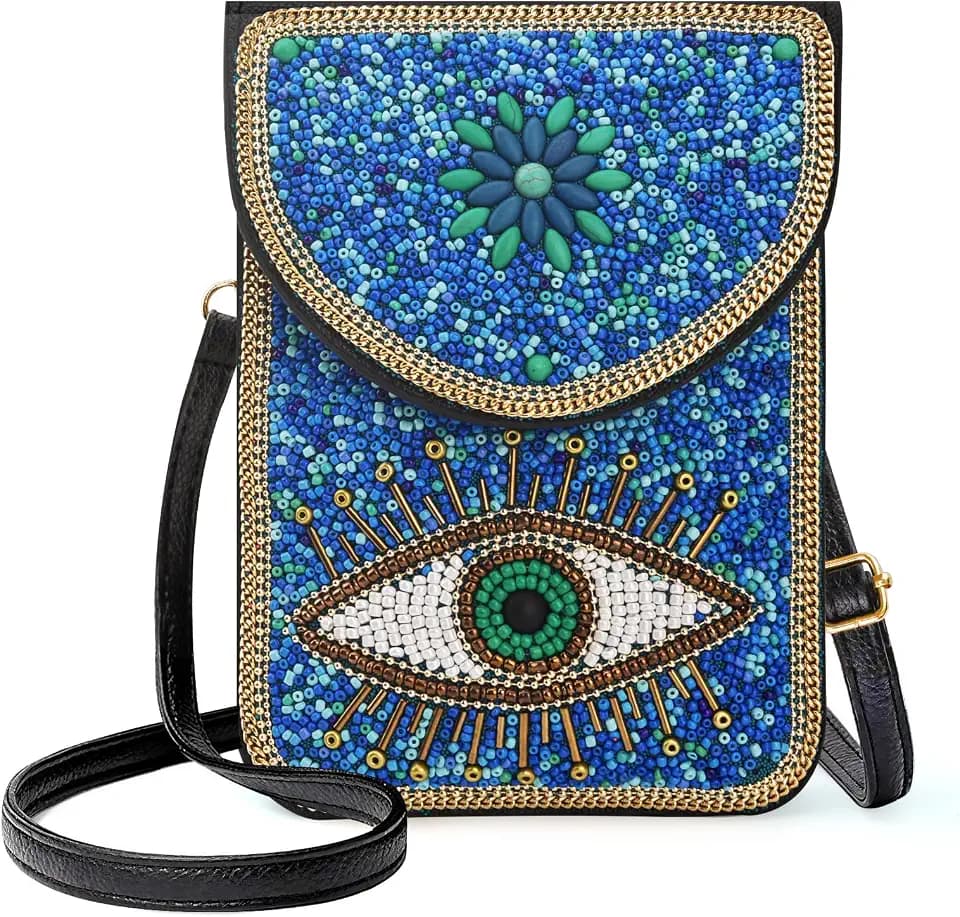 Small Beaded Crossbody Bag for Women, Boho Cell Phone Shoulder Purse Wallet with Handcrafted Colorful Beads
