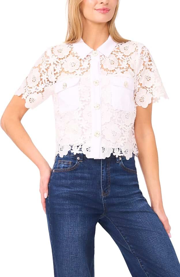 CeCe Patch Pocket Short Sleeve Lace Button Down