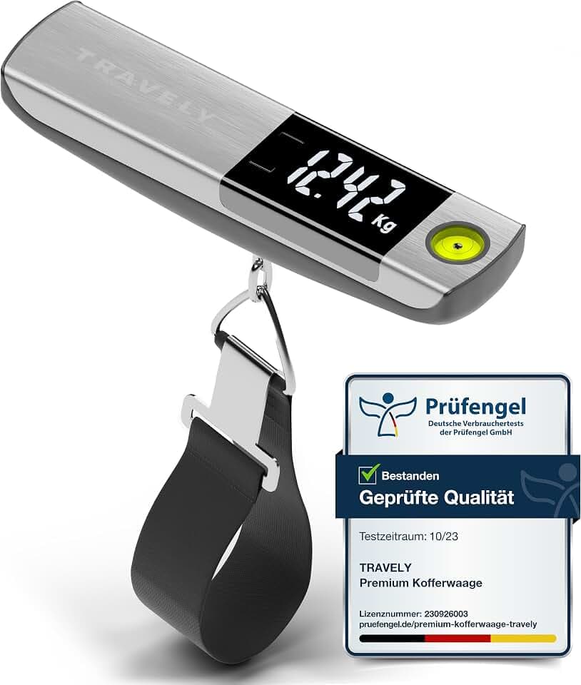 TRAVELY Premium Kofferwaage aus gebürstetem Edelstahl bis 50KG I Gepäckwaage mit praktischem Maßband und integrierter Wasserwaage für genauste Messungen. Weight Scale kofferwaage digital mit Haken