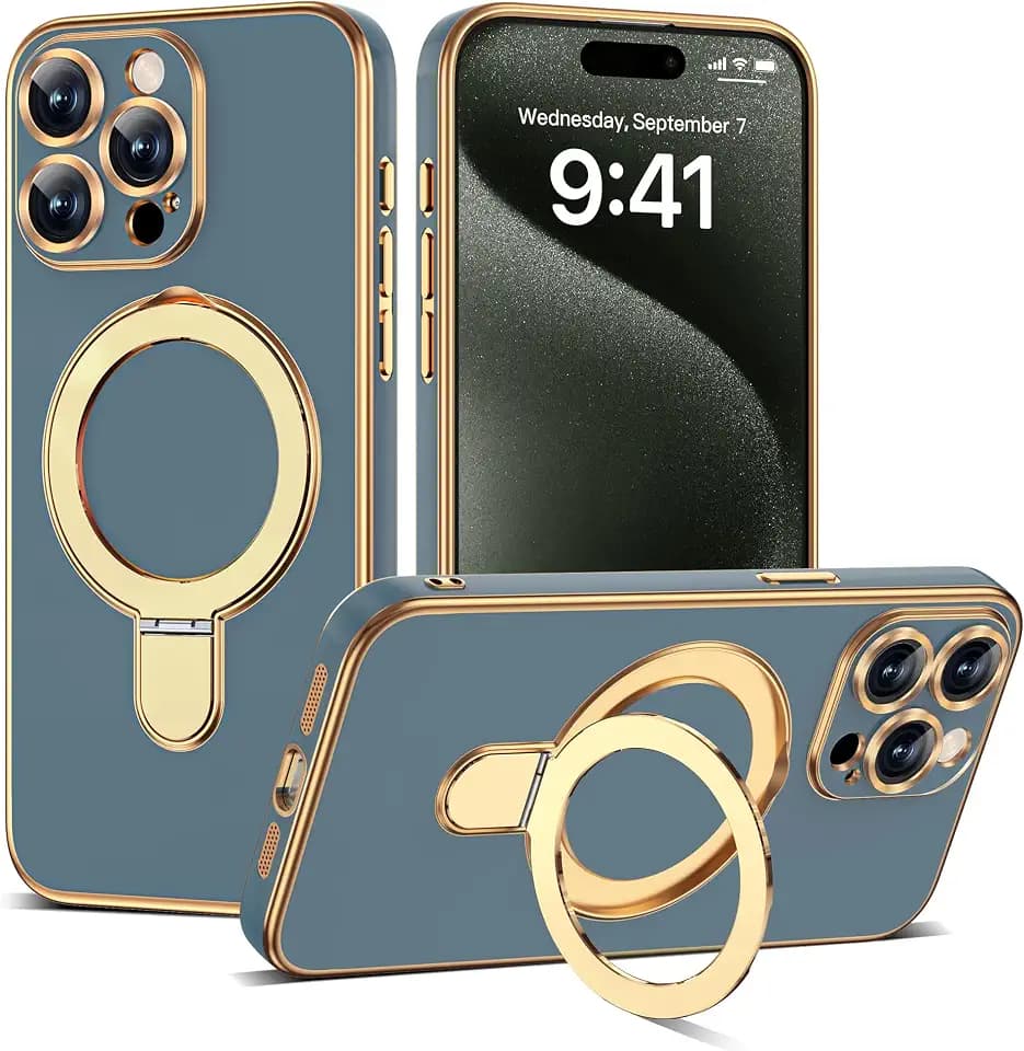 Plating Phone Case for iPhone 15 Pro with Stand 6.1", Grey Blue
