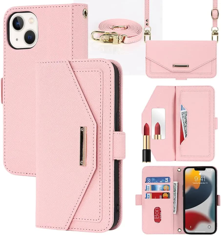 Crossbody Wallet for iPhone 13/14 Case with Strap,6.1",Pink