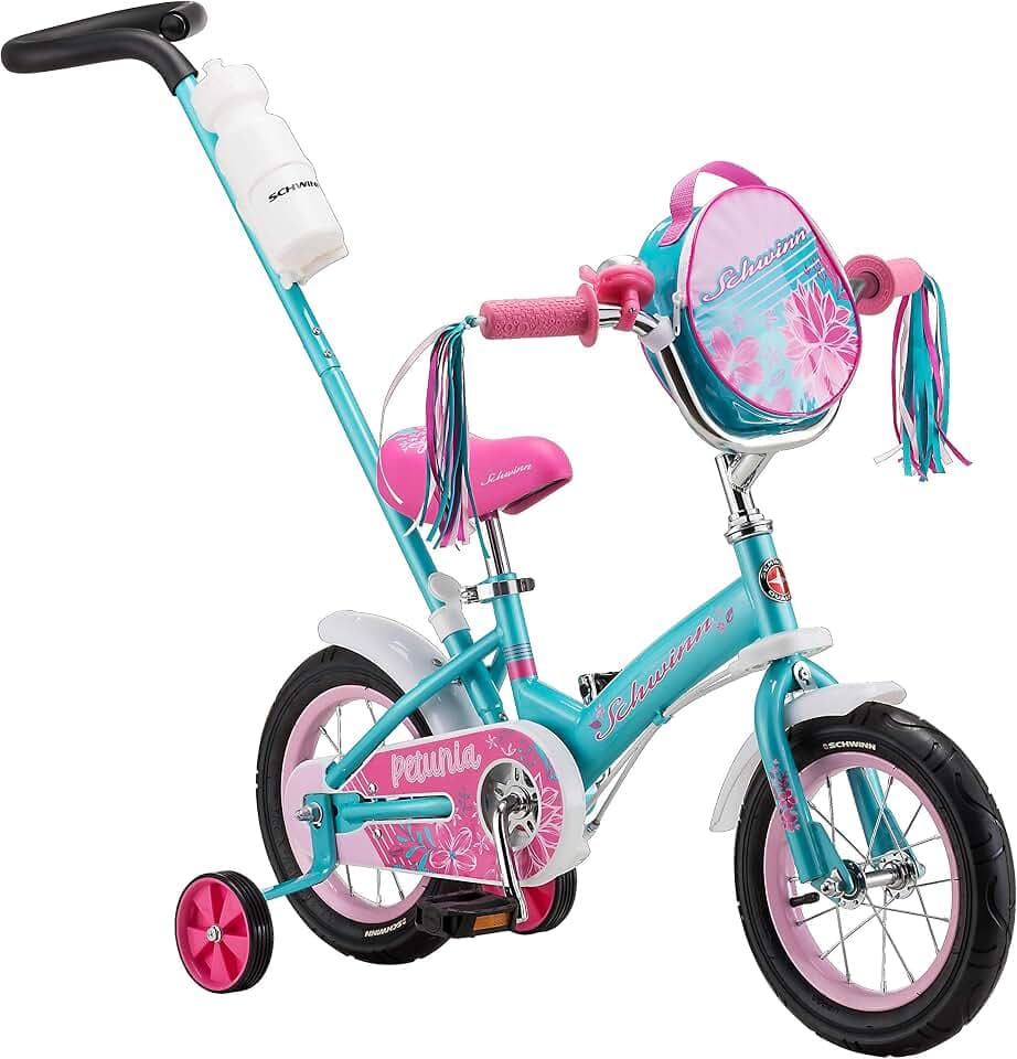 Schwinn Petunia and Grit Bike, Bike for Kids Ages 2-4, Steerable Beginner Bicycle with Training Wheels, Parent Push Handle, Rear Coaster Brake, Adjustable Seat
