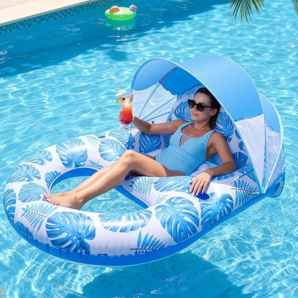 Pool Lounge Float with Canopy UPF50+, Heavy Duty Inflatable Lounger Float for Adults, Ergonomic Swimming Pool Raft with Backrest, Cup & Phone Holder, 300 Lbs Capacity