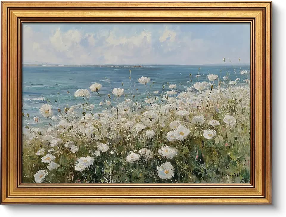 VIYYIEA Vintage Gold Framed Canvas Wall Art, Summer Wildflowers Field Decor, Beach Print Coastalr Wall Paintings, Nature Landscape Picture Artwork for Living Room Bedroom Office, 12x16Inch