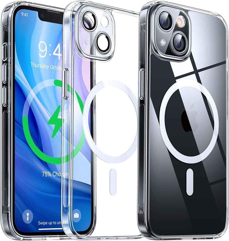Magnetisch Hybrid Clear Hülle für iPhone 13 - [Kompatibel mit MagSafe] [Eingebaute Kameraschutz Folie] Hart Durchsichtig Handyhülle Stoßfeste Transparente mit Silikon Schutzhülle,6,1",Clear