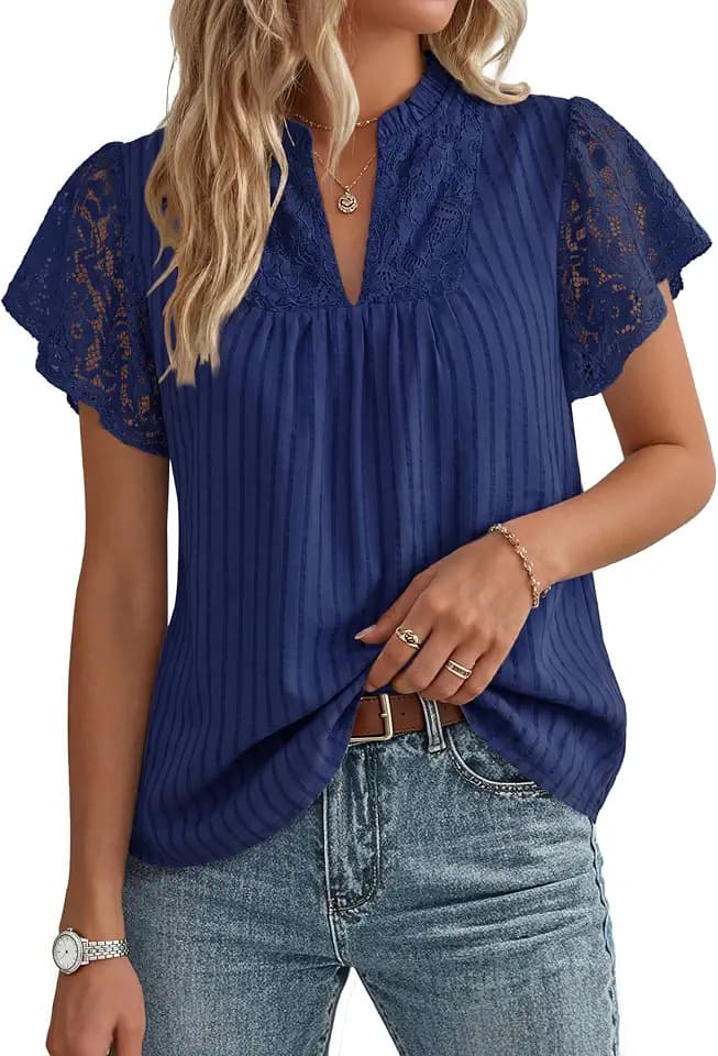 GRACE KARIN Damen Spitzen Baumwolle Bluse Elegante Henley V-Ausschnitt Oberteile Rüschen Kurzarm Sommer Top