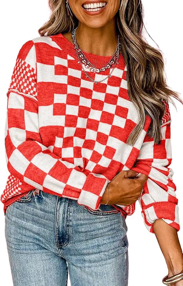 KevaMolly Women Checkered Drop Shoulder Crew Neck Sweater
