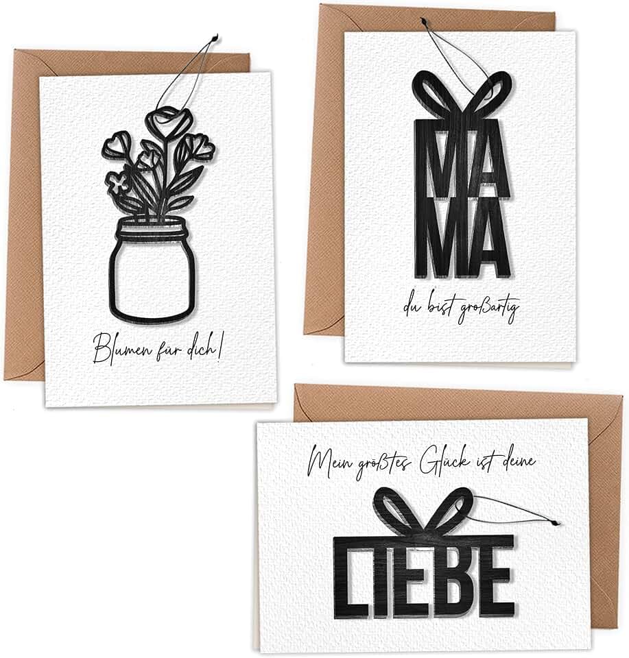 Papierdrachen Klappkarten mit Holzcutouts in DIN A6 zum Muttertag - mit 3 schwarzen Holzanhängern und 3 Packpapier Umschlägen - zum Beschriften und Verschenken - Muttertagsgeschenk