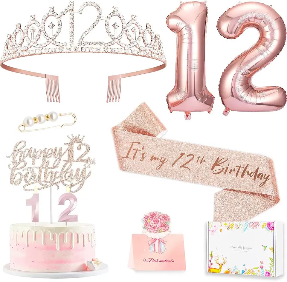 12. Geburtstag Dekorationen für Mädchen, einschließlich 12 Jahre Geburtstag Kuchendekoration, Geburtstagskönigin Schärpe mit Perlennadel, Strass Diadem Kerzen und Luftballons, Roségold