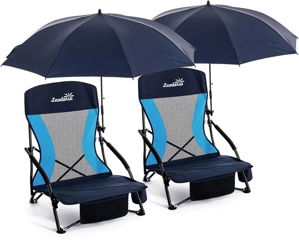 Folding Beach Chair with Umbrella for Adults, 2 Pack Portable Low Beach Chairs with 300lbs Capacity, Lightweight Fodable Camping Chair for Travel, Picnic, Concert & Outdoor Activities, Navy Blue